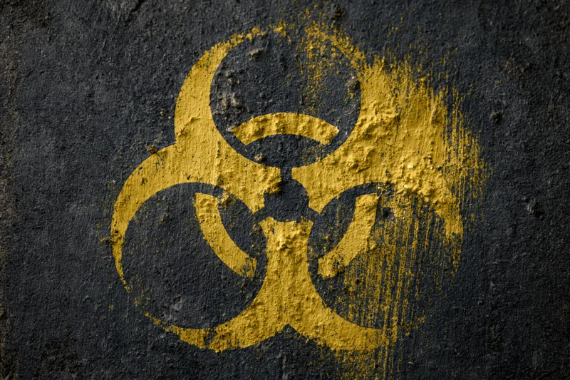 Yellow biohazard symbol painted on dark textured concrete surface