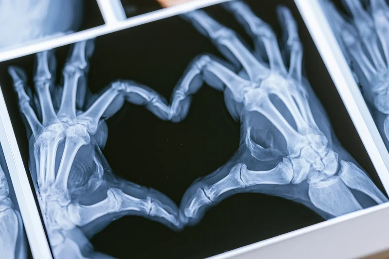 Xray of two hands forming a heart shape with visible bones and joints on a medical film
