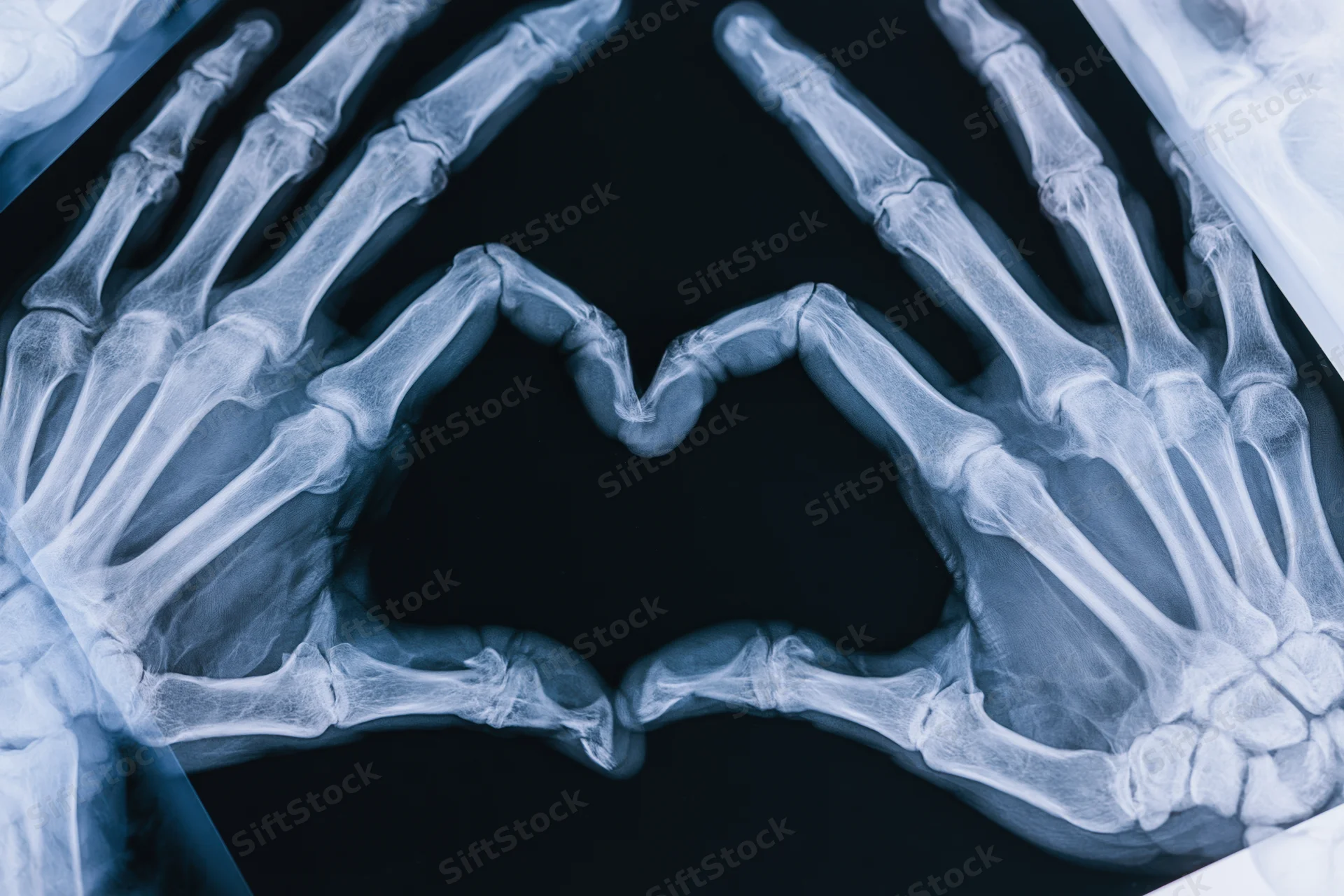 Xray of two hands forming a heart shape with visible bones and joints