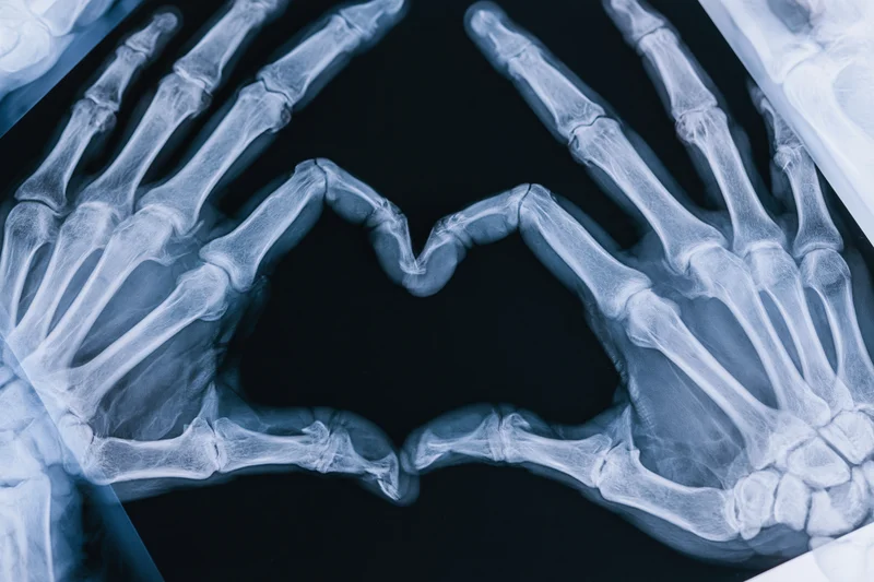 Xray of two hands forming a heart shape with visible bones and joints