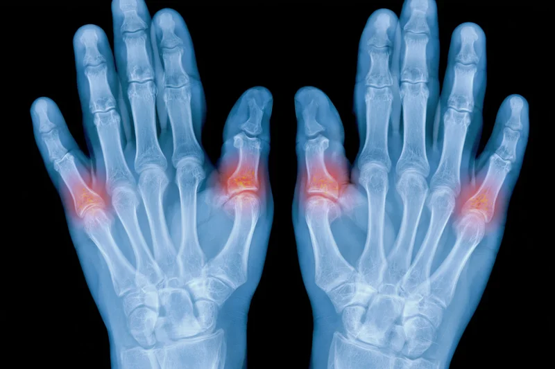 Xray of two human hands palms up showing inflamed joints in red against black background