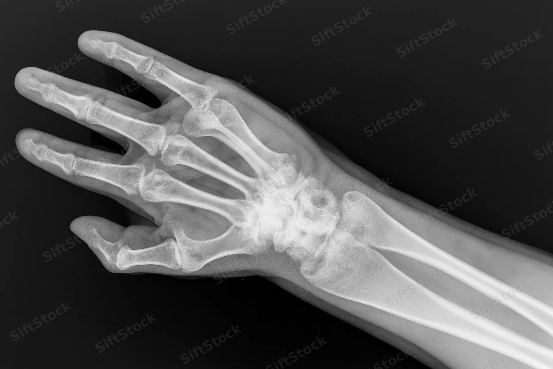 Xray radiograph of a human hand and wrist showing bones and joints against dark background