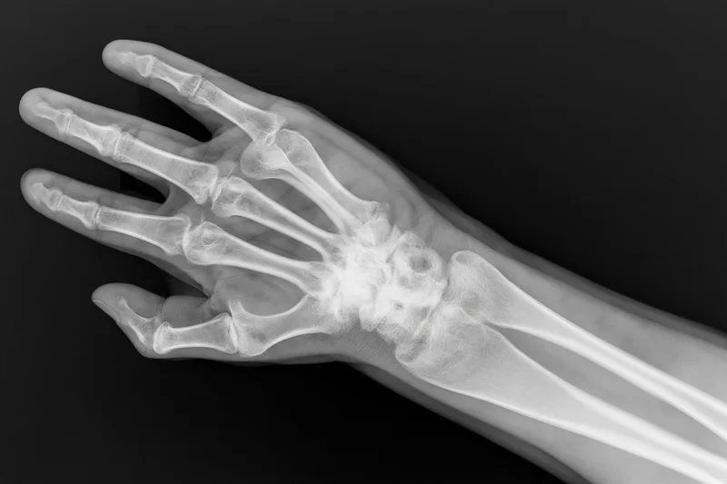 Xray radiograph of a human hand and wrist showing bones and joints against dark background