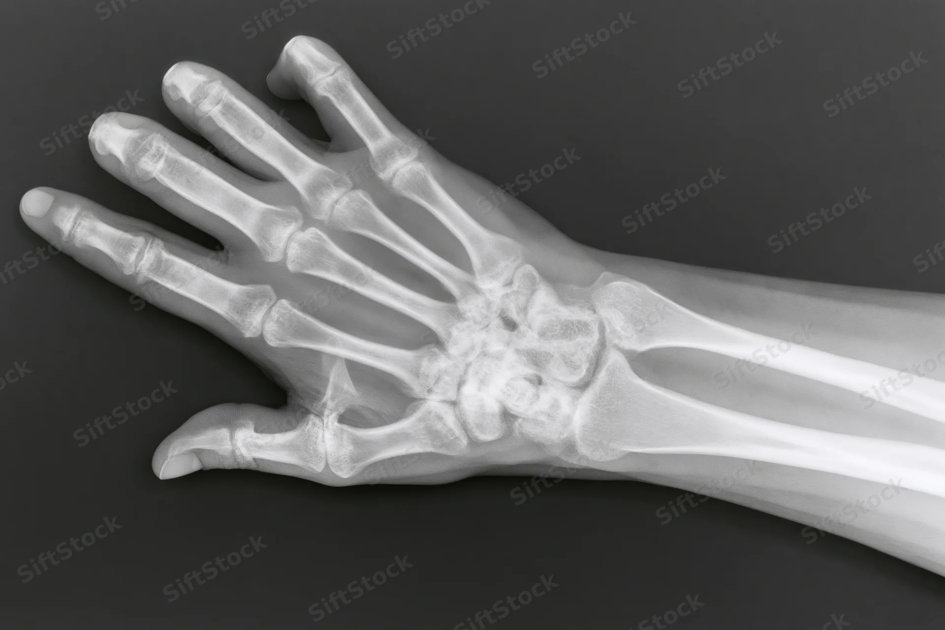 Xray radiograph of a human hand and wrist showing bones and joints against dark background