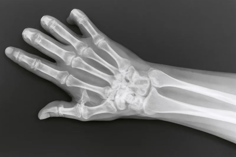 Xray radiograph of a human hand and wrist showing bones and joints against dark background