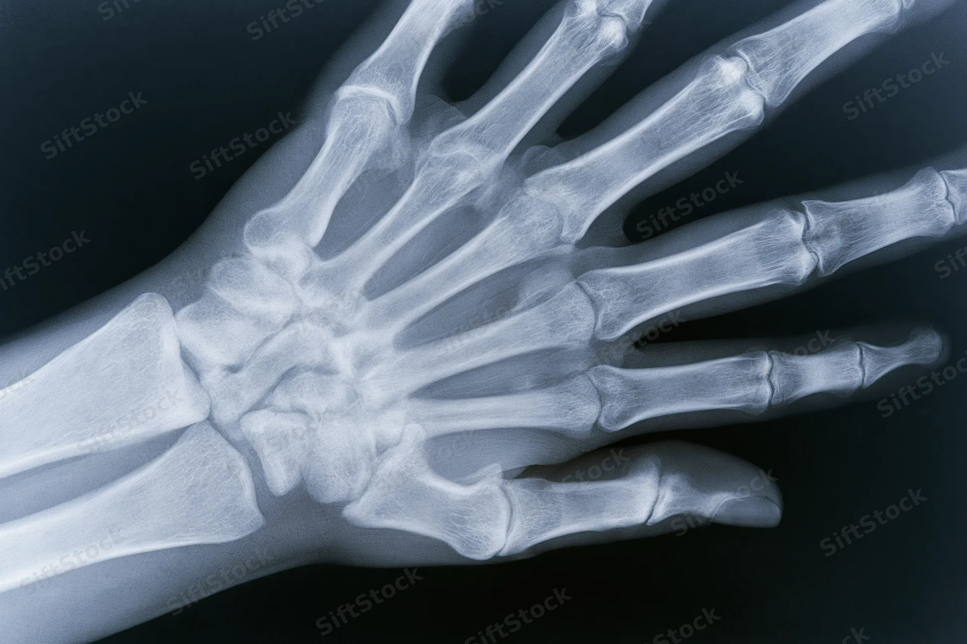 Xray radiograph of human hand and wrist showing bones and joints