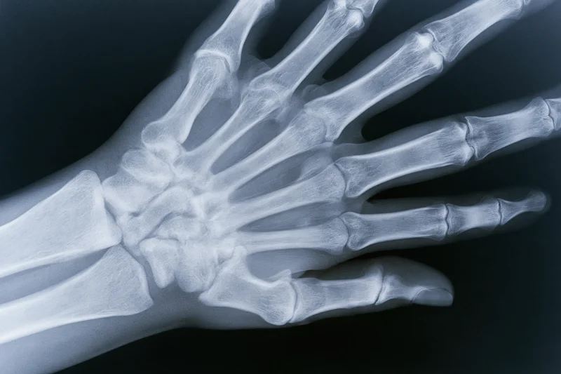 Xray radiograph of human hand and wrist showing bones and joints