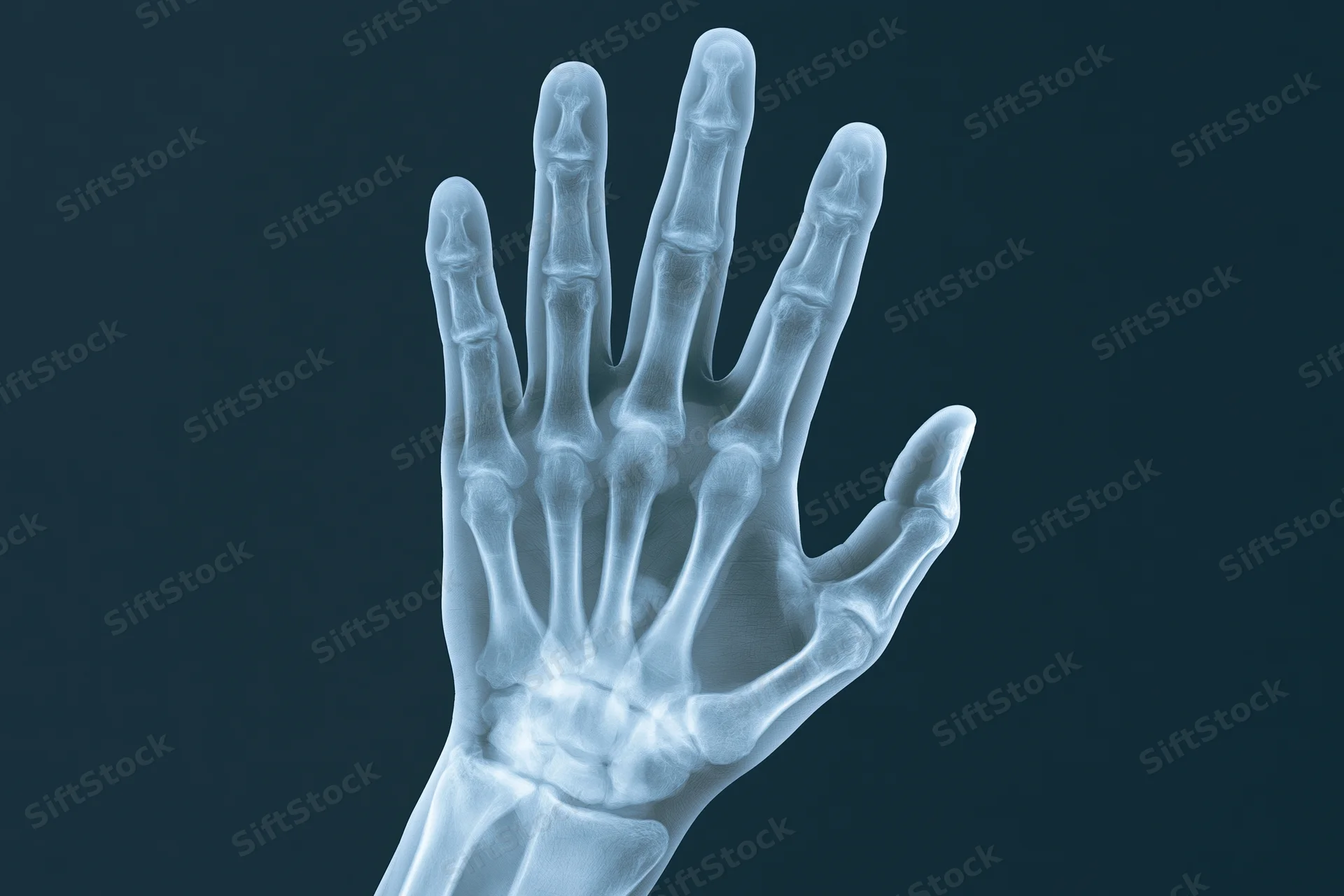 Xray image of a human hand skeleton showing bones and joints against dark background