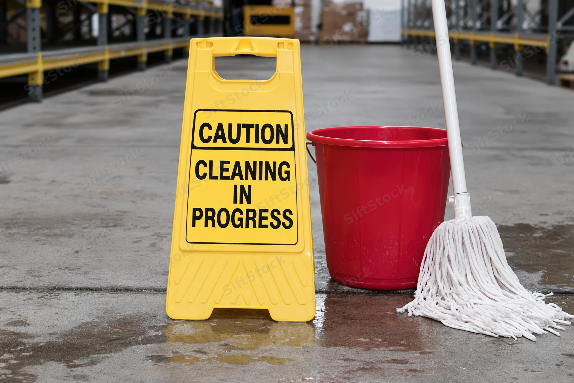 Yellow caution cleaning in progress sign beside red bucket and mop on wet concrete floor in warehouse