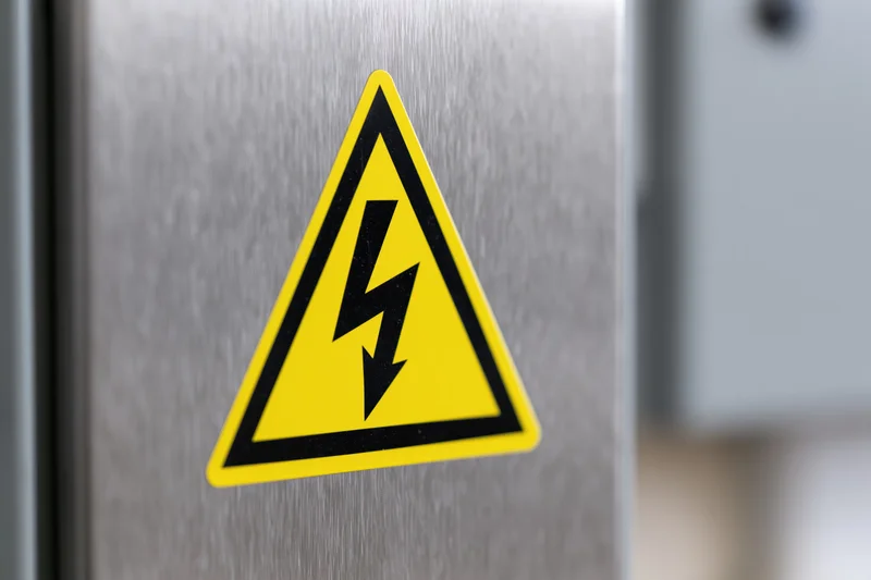 Yellow and black high voltage warning symbol on a metal electrical panel