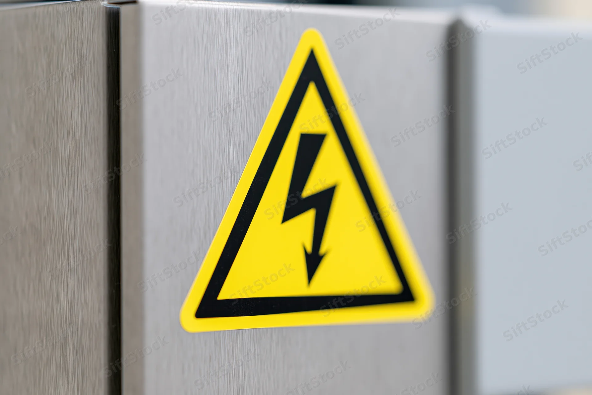 Yellow and black high voltage warning symbol on a brushed metal electrical panel