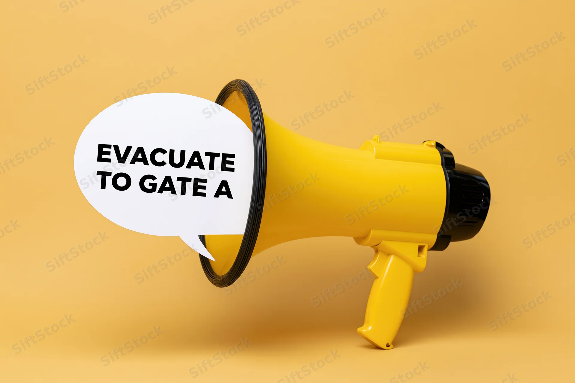 Yellow and black plastic megaphone angled with speech bubble reading evacuate to gate a on plain background
