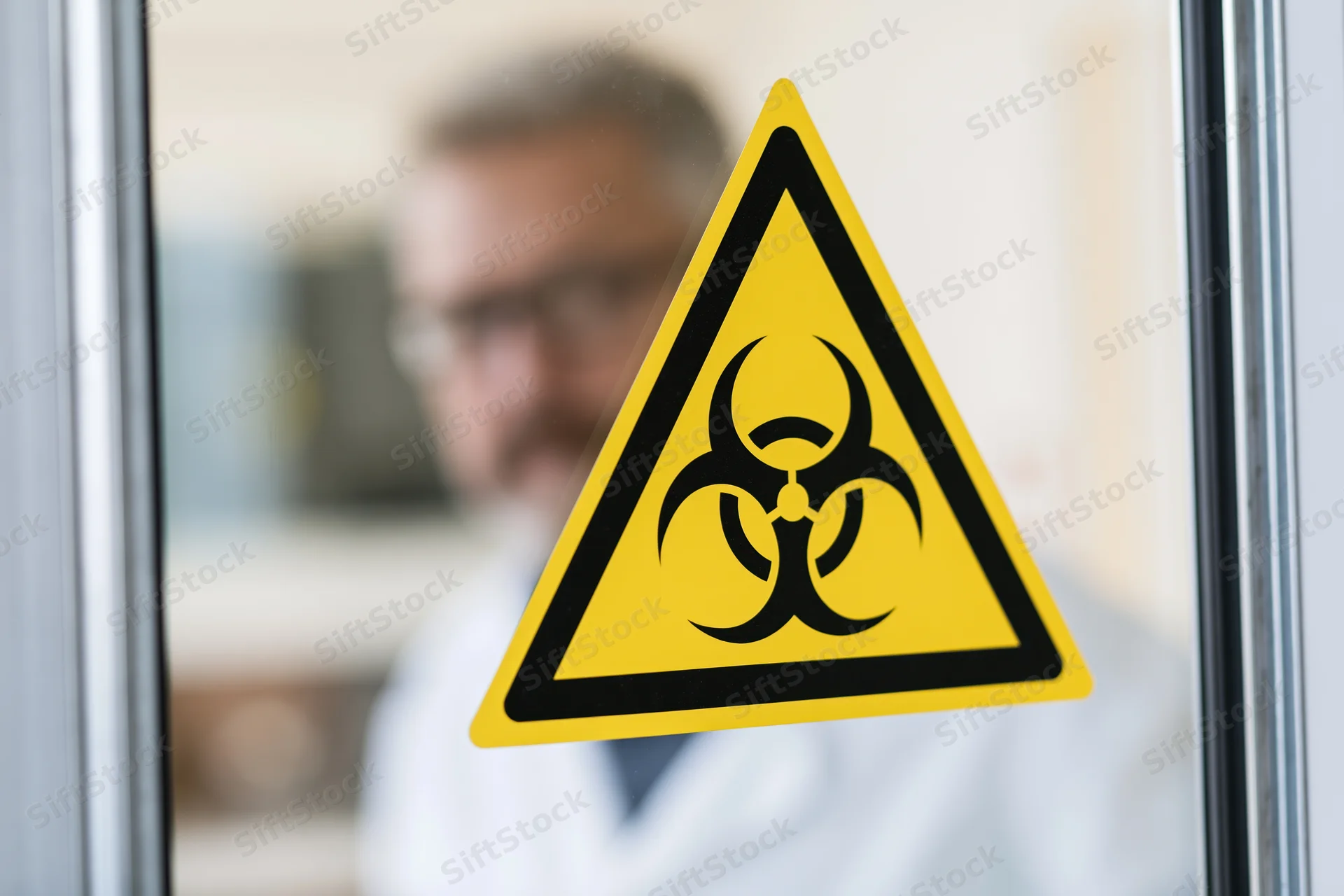 Biohazard warning sign on glass door with scientist in labcoat visible behind