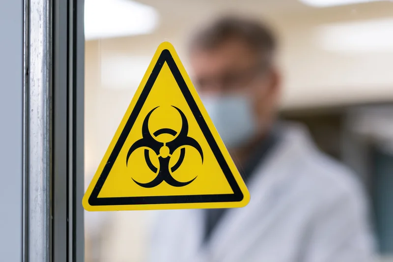 Biohazard warning sign on glass door with scientist in lab coat and mask blurred in background