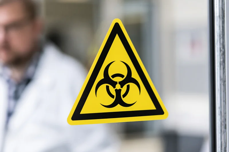 Biohazard warning sign on glass door with scientist in lab background