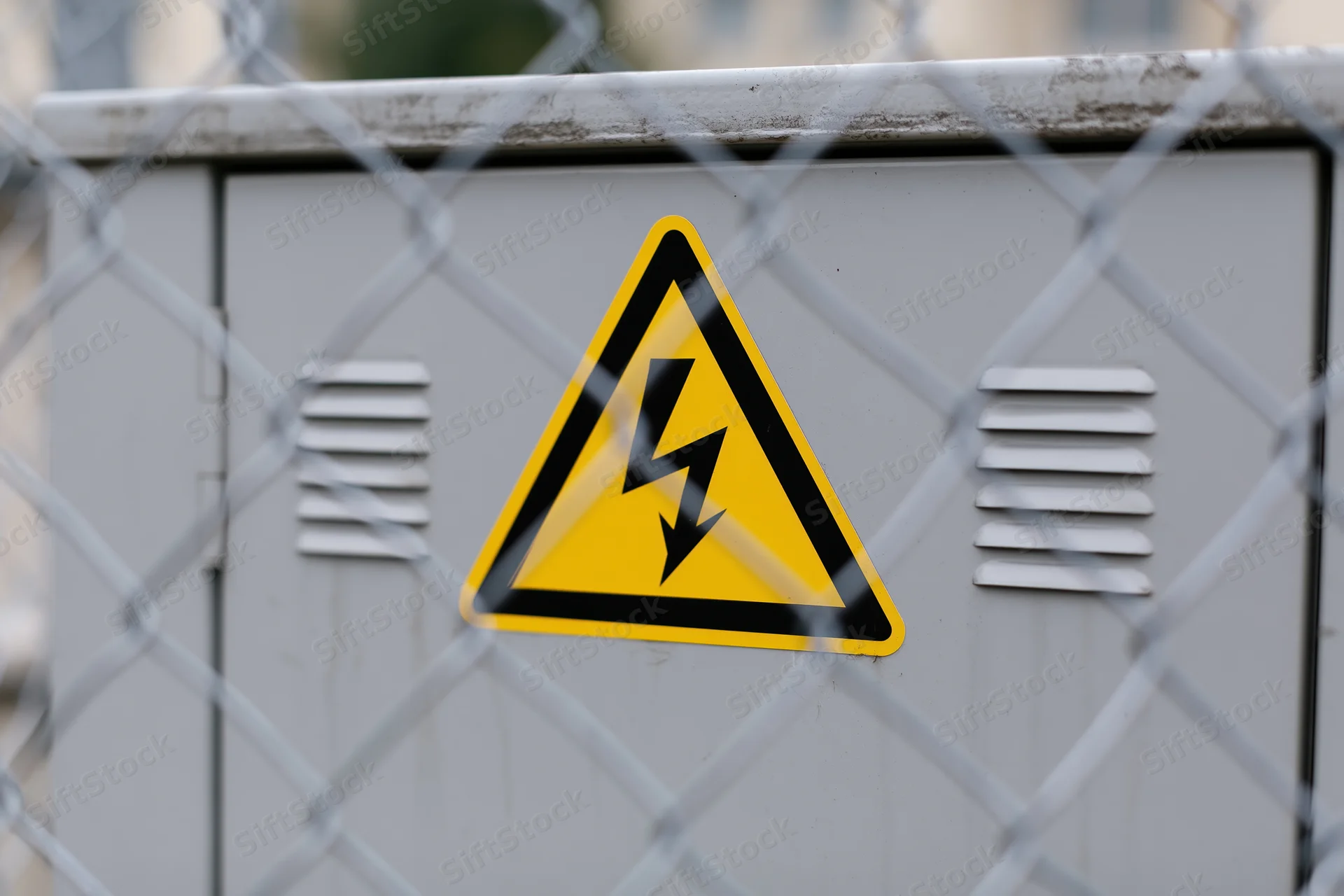 Yellow triangular electrical hazard warning sign on metal cabinet behind chainlink fence