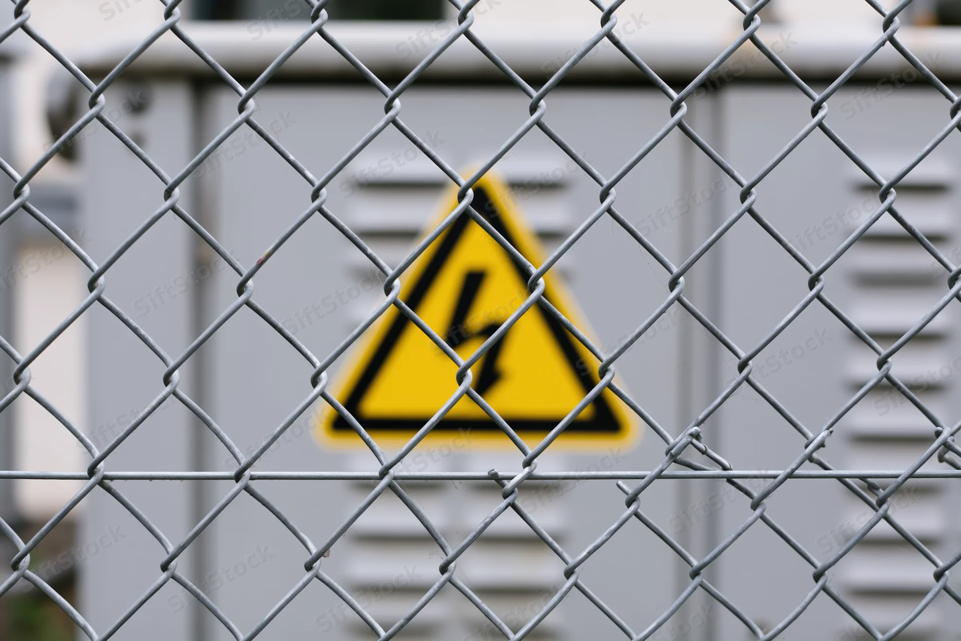 Yellow triangular electrical hazard warning sign behind chainlink fence at industrial facility