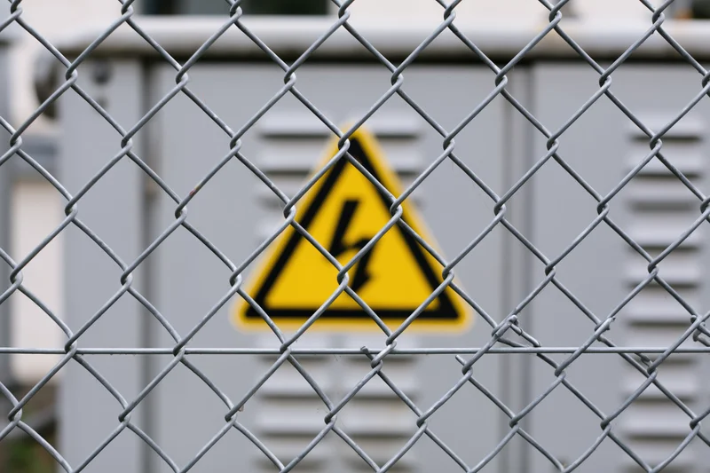 Yellow triangular electrical hazard warning sign behind chainlink fence at industrial facility