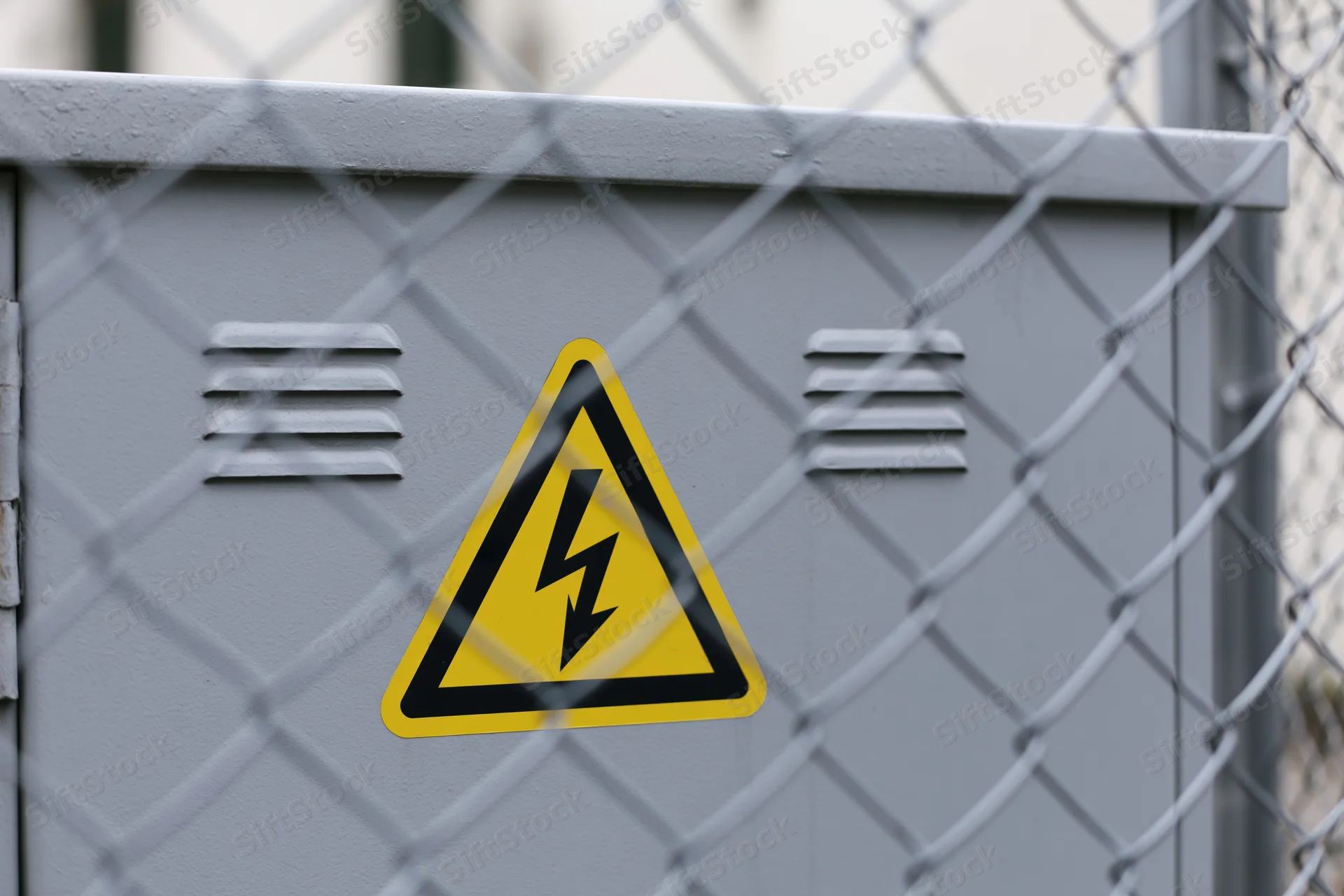 Yellow and black triangular electrical hazard warning sign on metal cabinet behind chainlink fence