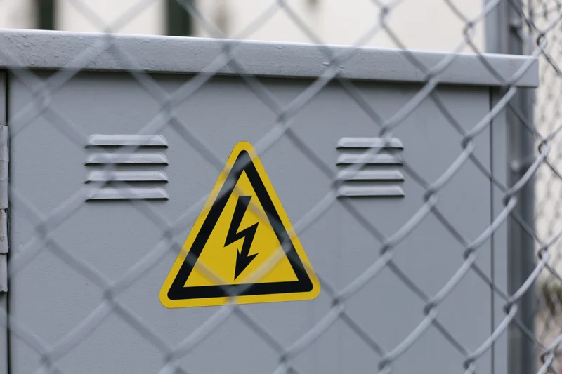 Yellow and black triangular electrical hazard warning sign on metal cabinet behind chainlink fence