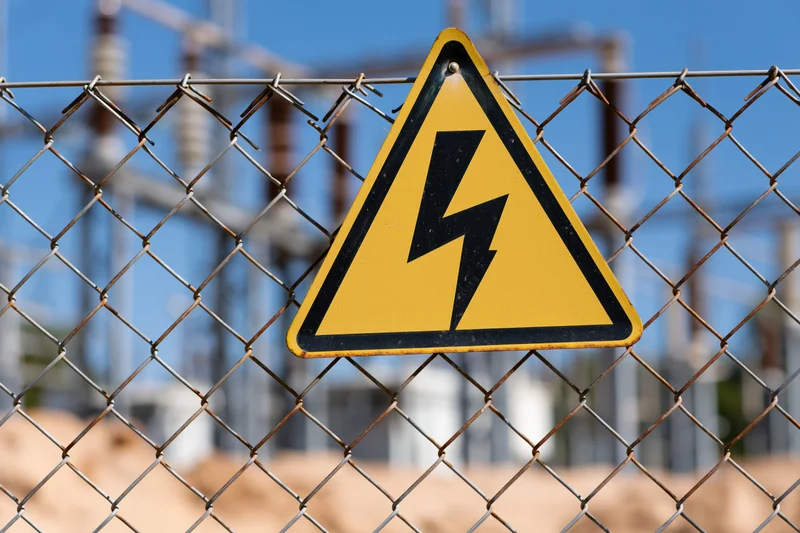 Yellow triangular high voltage warning sign attached to chainlink fence at electrical facility