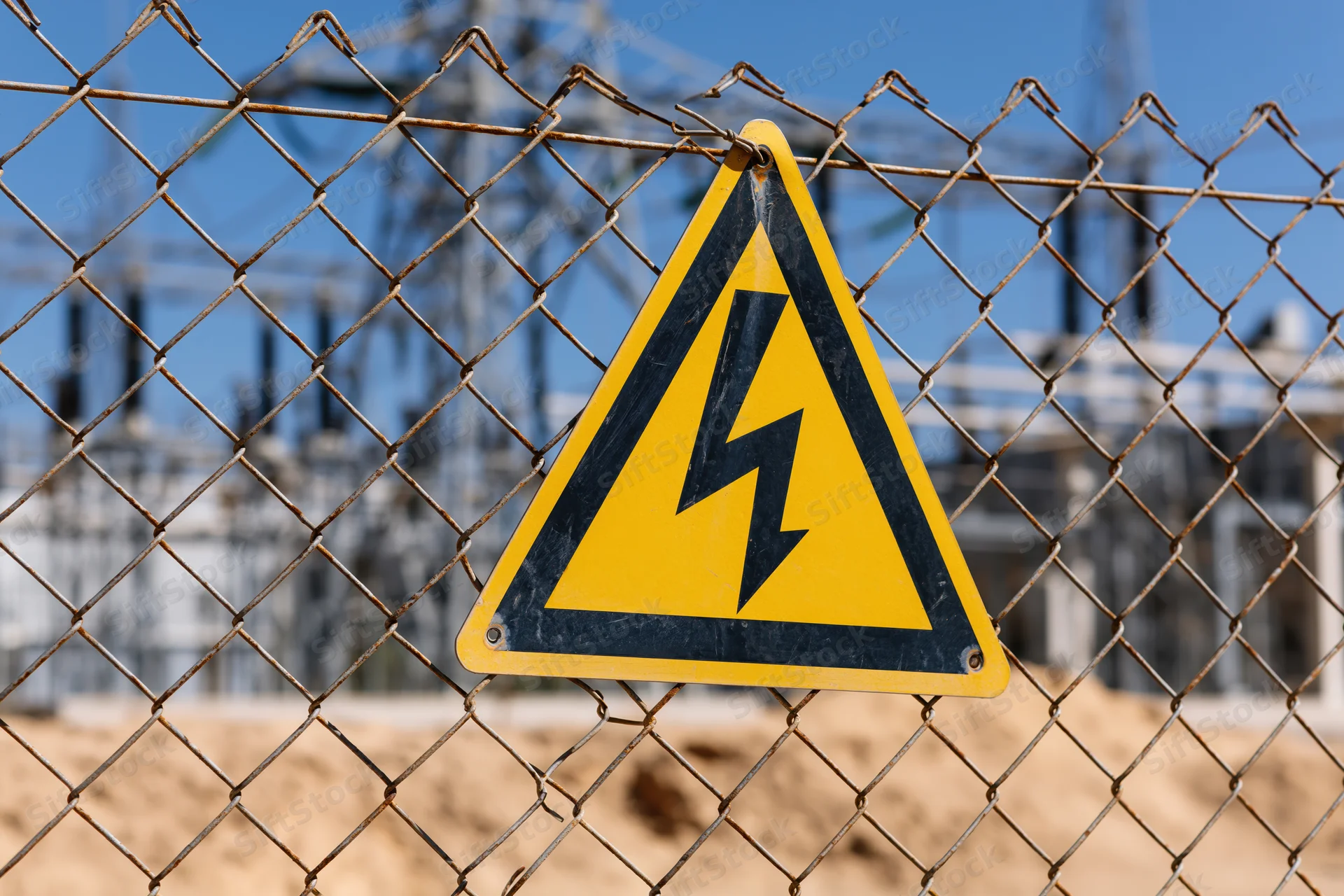 Yellow and black triangular high voltage warning sign mounted on chainlink fence at construction site