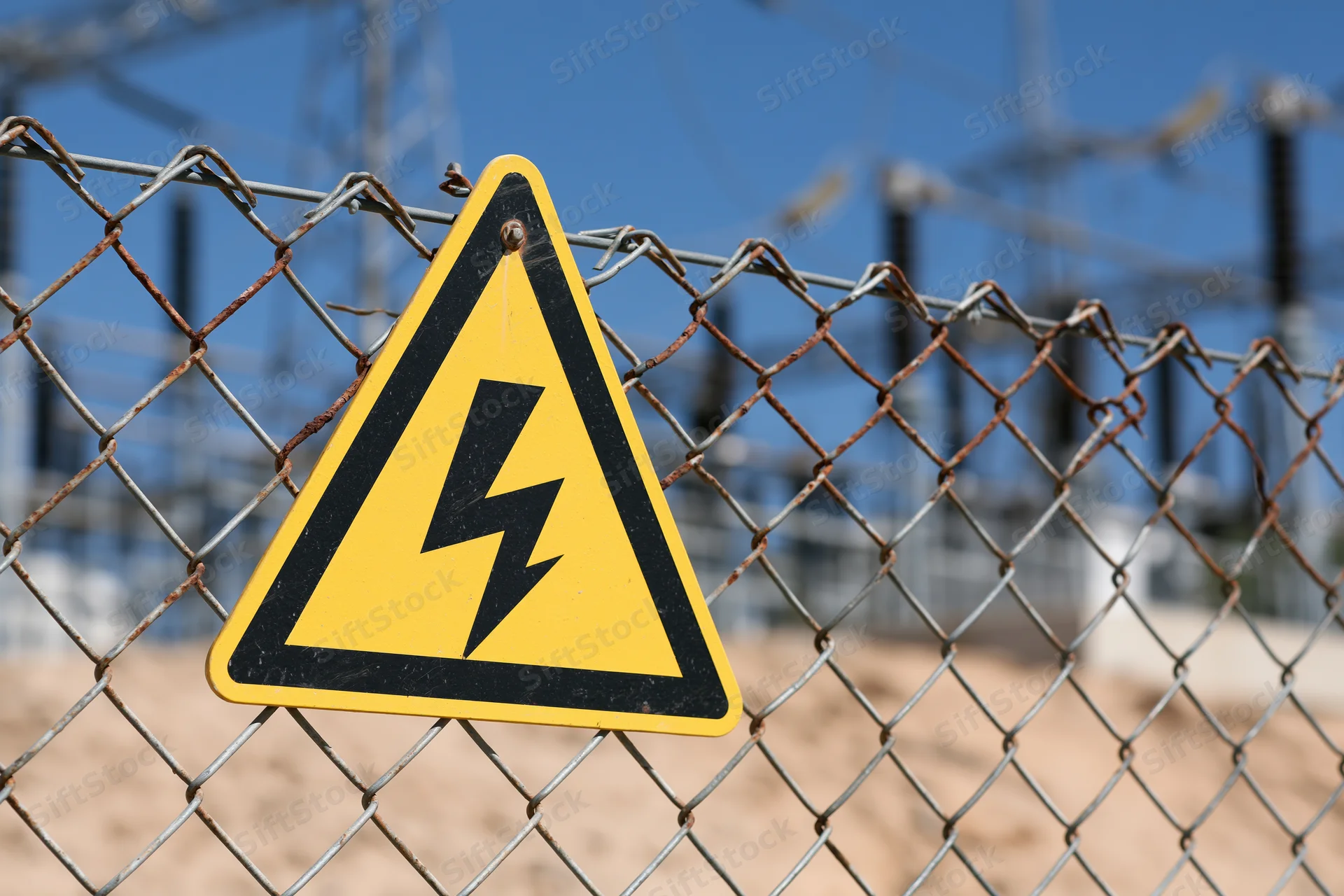 Yellow triangular high voltage warning sign attached to a chainlink fence with power lines in the background