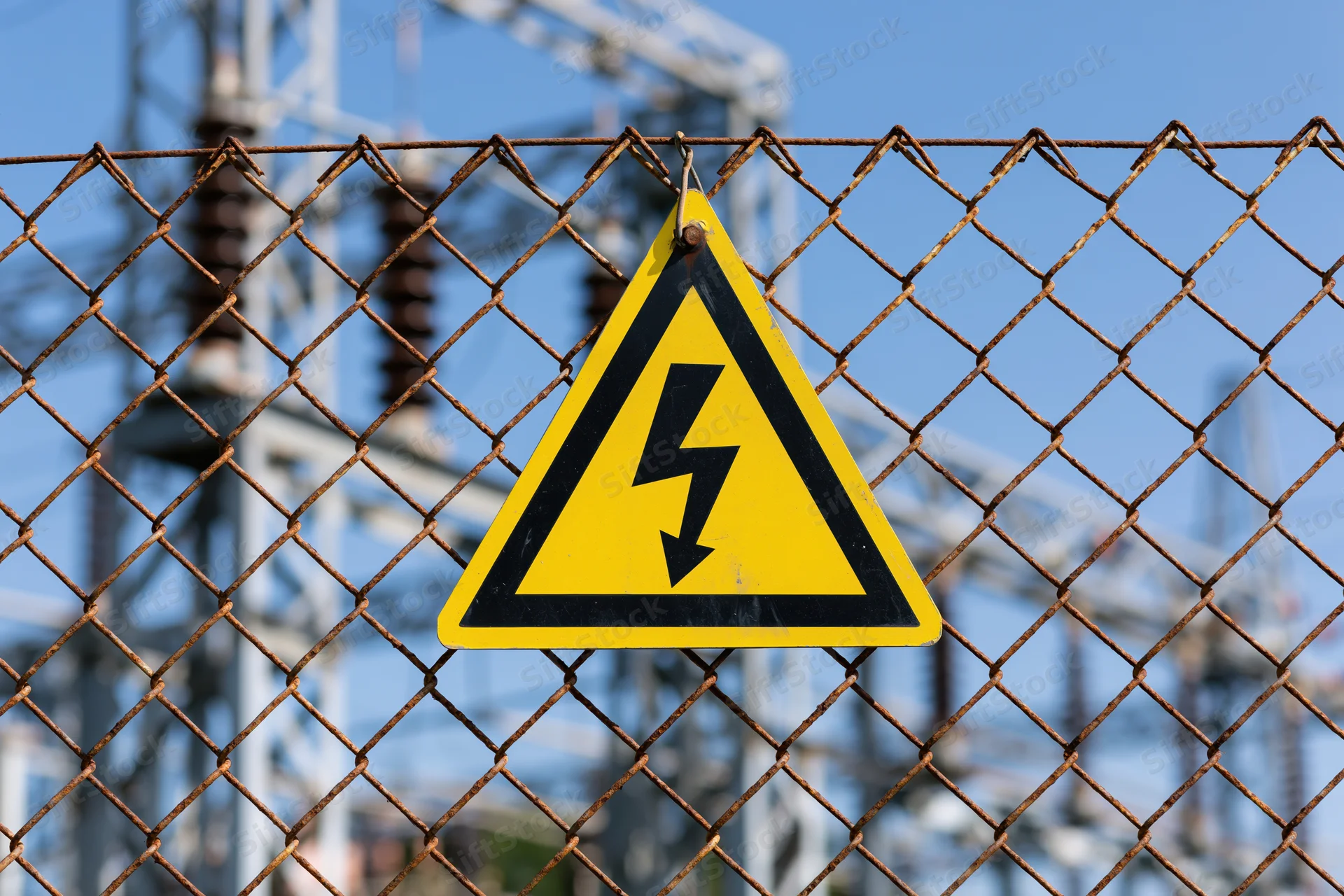 Yellow triangular high voltage warning sign attached to a rusted chainlink fence with power lines and towers in the background