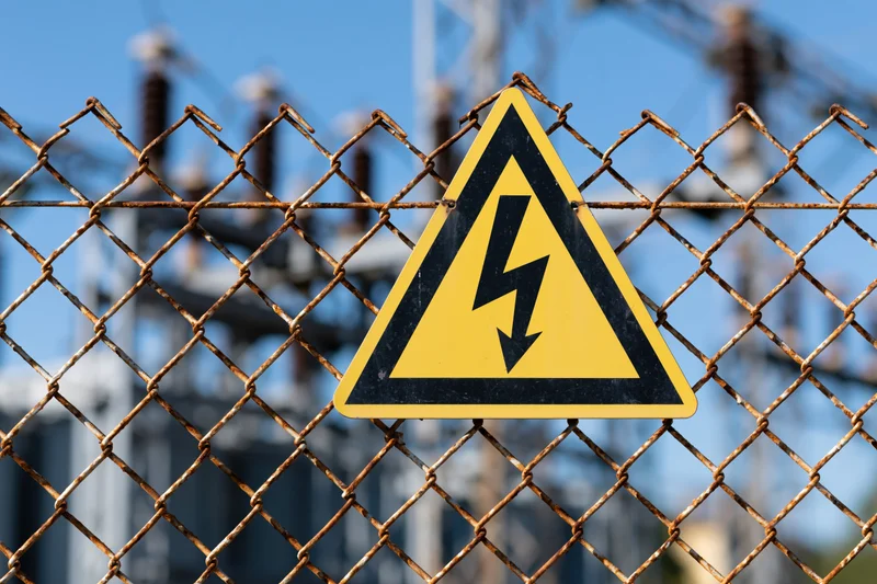 Yellow and black triangular high voltage warning sign mounted on a rusted chainlink fence in front of an electrical substation