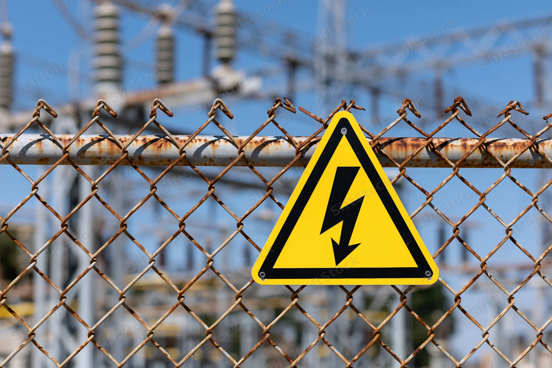 Yellow triangular high voltage warning sign attached to a rusted chainlink fence in front of an electrical substation