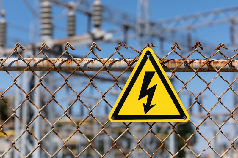 Yellow triangular high voltage warning sign attached to a rusted chainlink fence in front of an electrical substation