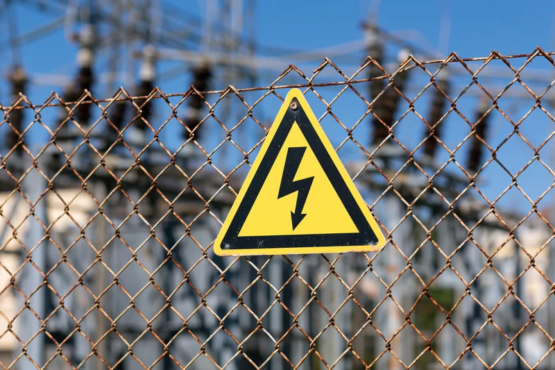 Yellow triangular high voltage warning sign on a rusted chainlink fence with power lines in the background