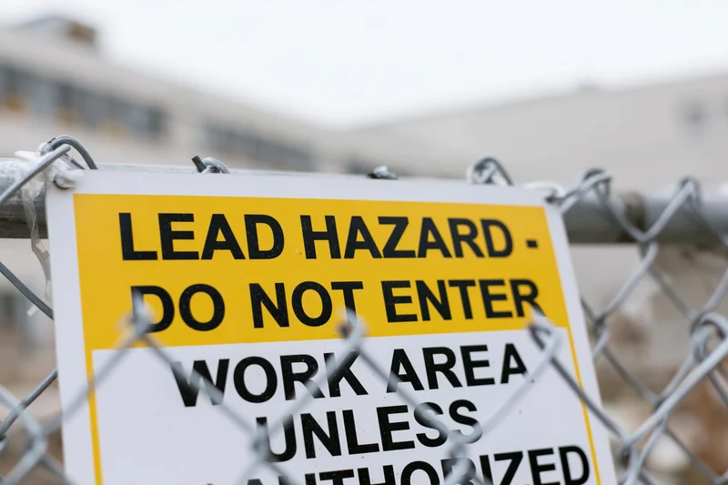 Lead hazard warning sign attached to chainlink fence at construction site