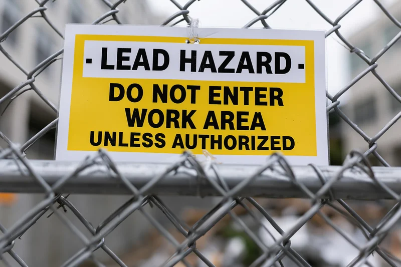 Lead hazard warning sign attached to chainlink fence at construction site