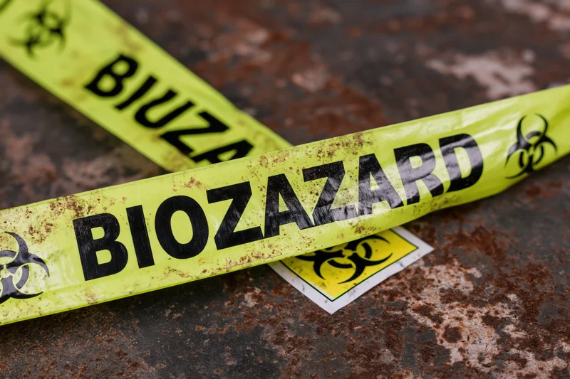 Yellow biohazard warning tape crossed diagonally on a rusty metal surface