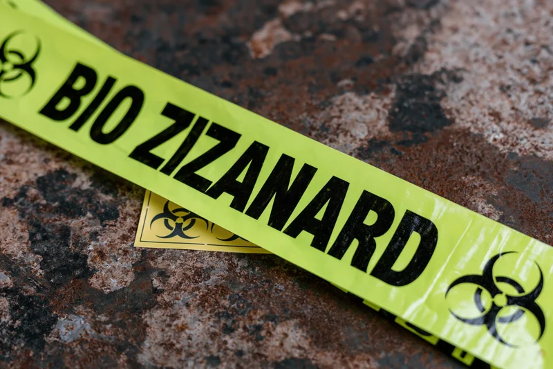 Yellow biohazard warning tape diagonally placed on a corroded metal surface