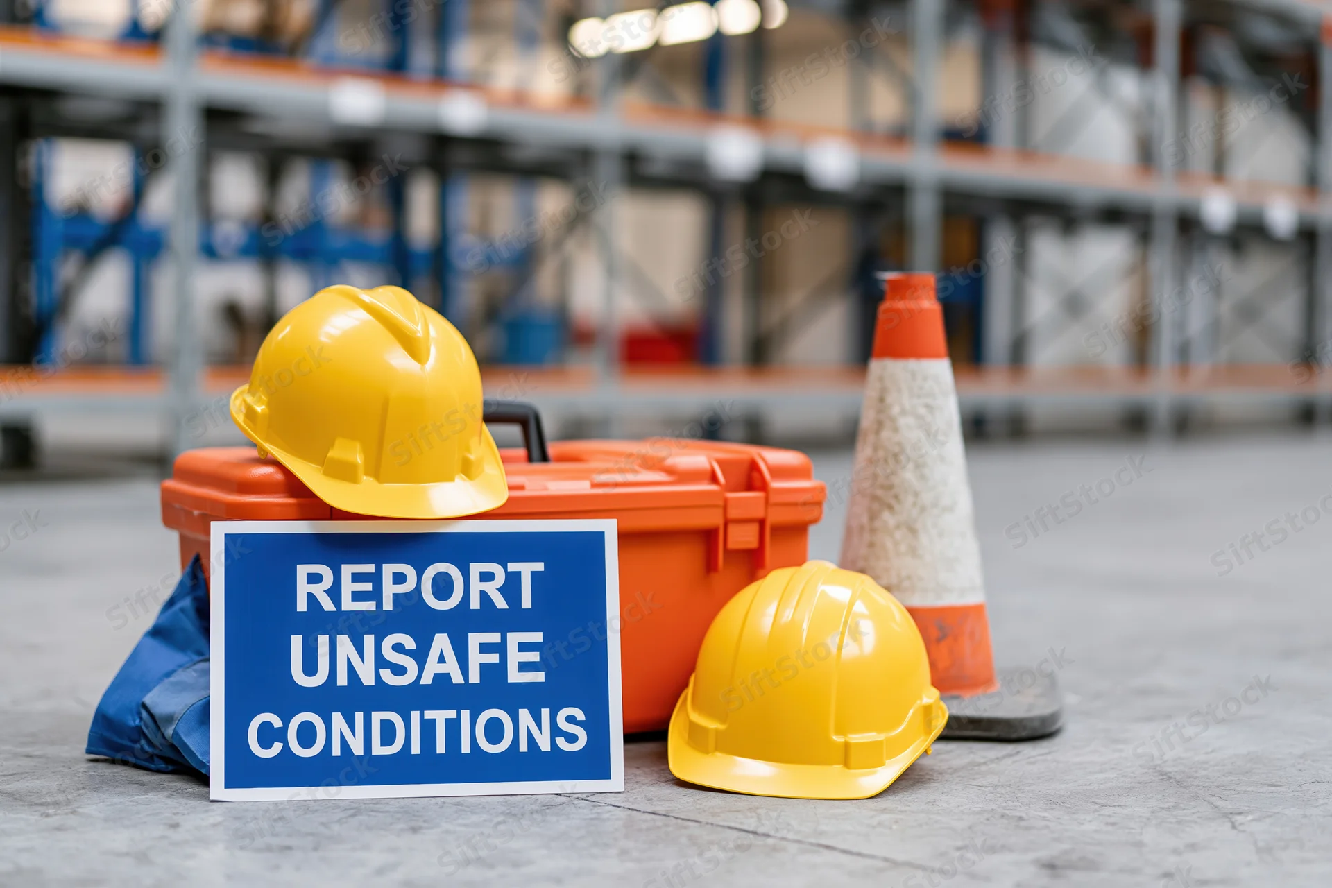 Yellow hard hats and orange toolbox with blue report unsafe conditions sign on warehouse floor