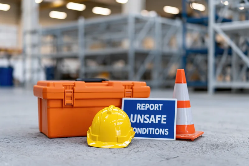 Yellow hard hat, orange toolbox, and blue sign reading report unsafe conditions on concrete floor in warehouse