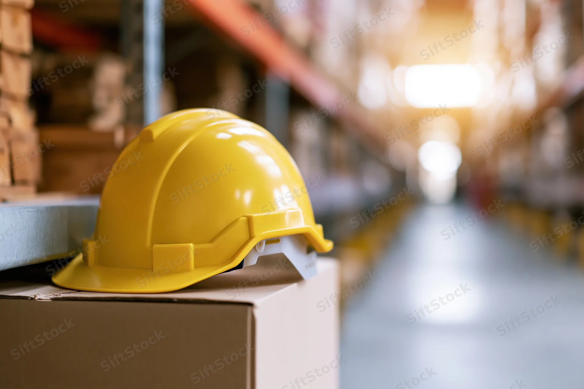 Yellow hard hat resting on cardboard box in warehouse aisle