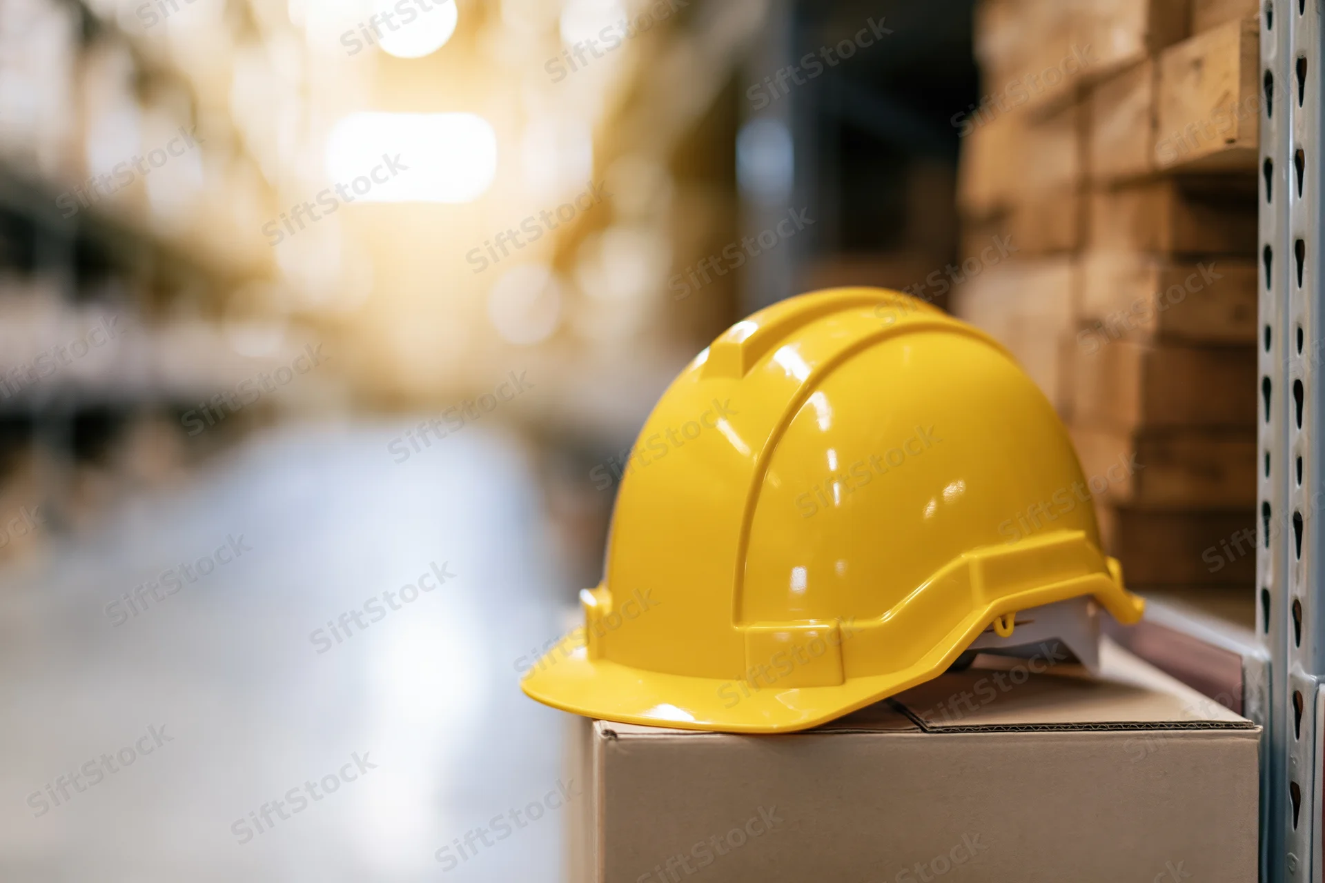 Yellow hard hat resting on cardboard box in warehouse aisle