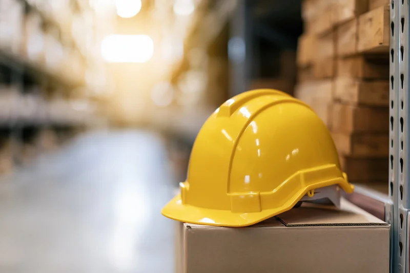 Yellow hard hat resting on cardboard box in warehouse aisle