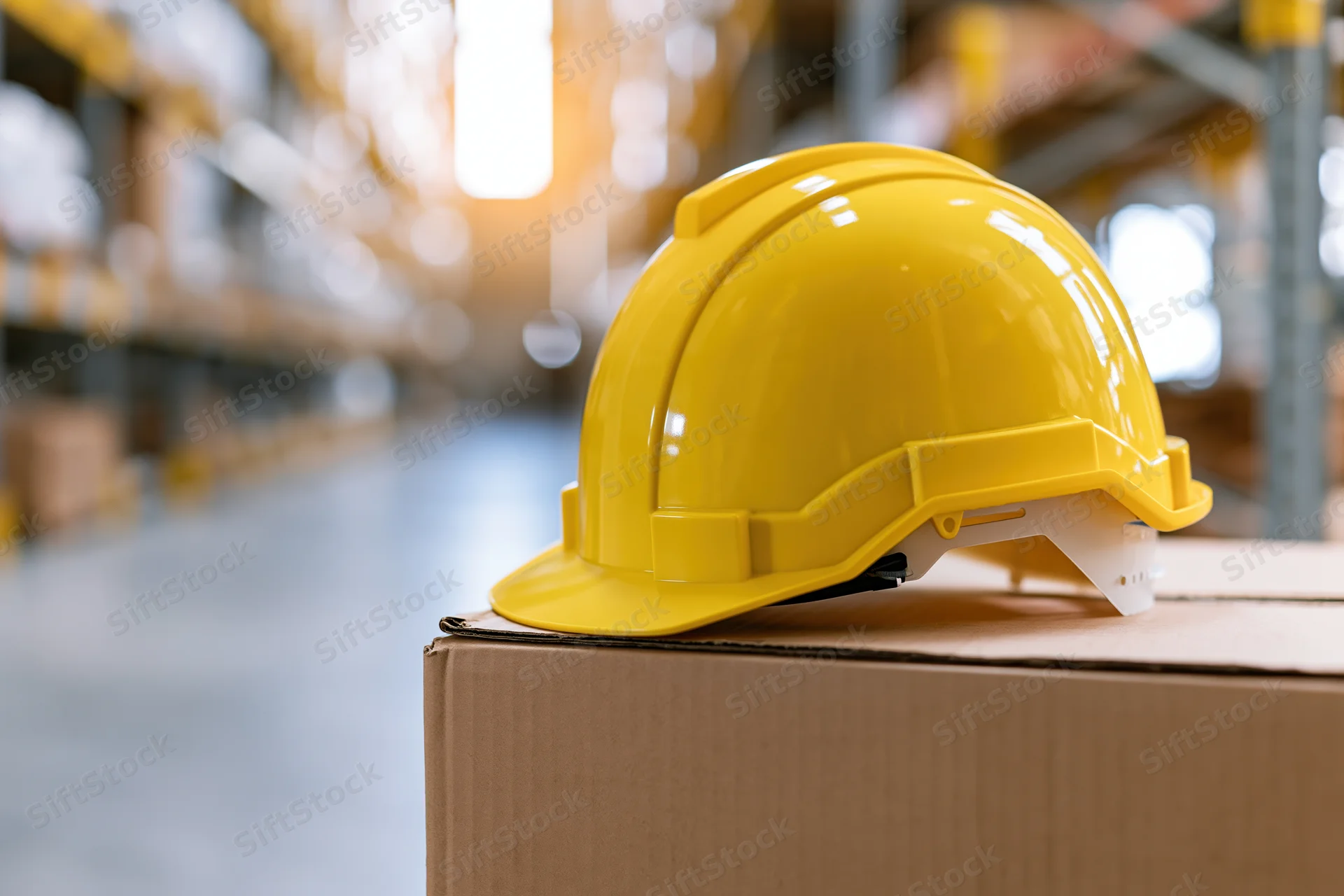 Yellow hard hat resting on cardboard box in warehouse aisle
