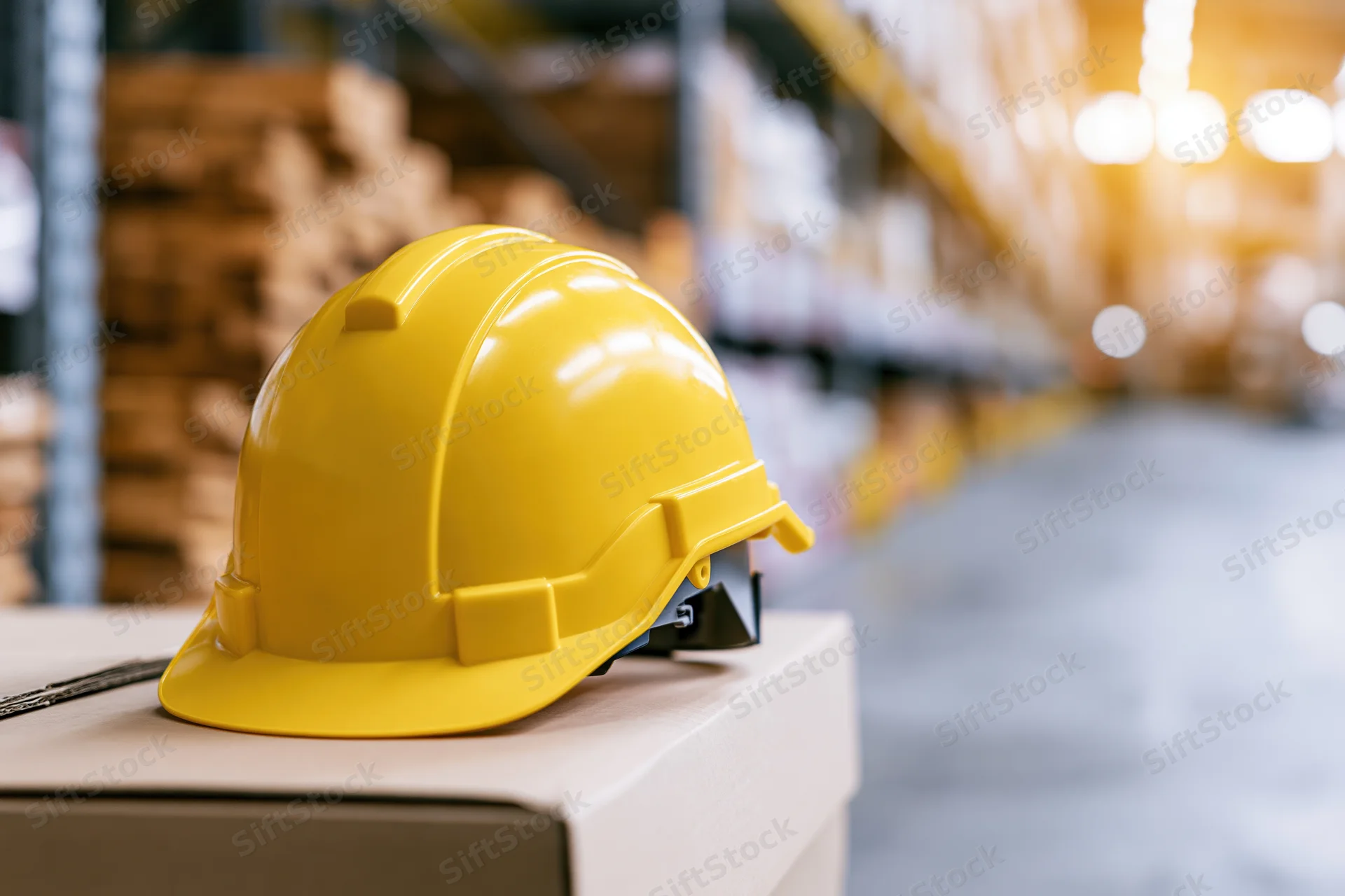 Yellow hard hat resting on cardboard box in warehouse aisle