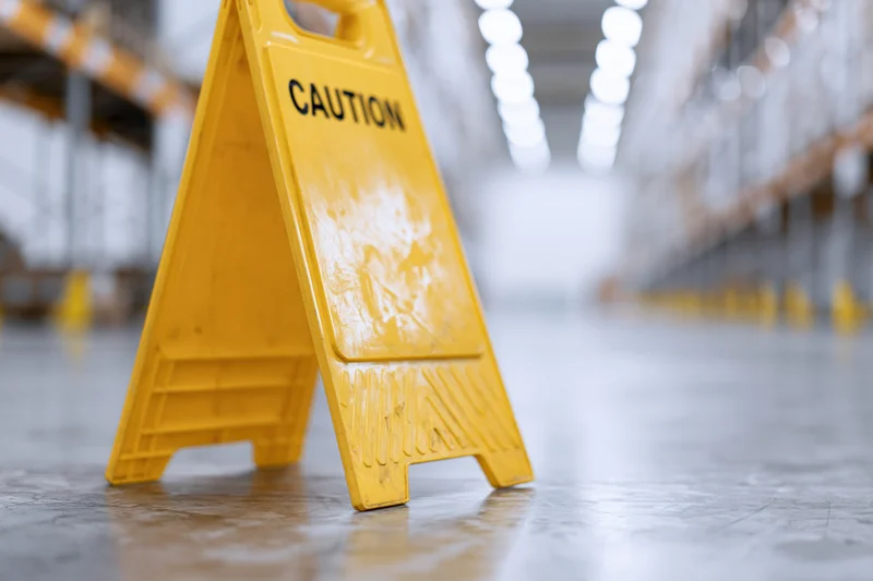 Yellow plastic a-frame caution sign standing on wet floor in warehouse interior