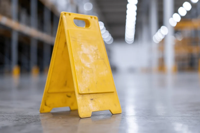 Yellow plastic a-frame caution sign standing on concrete floor in warehouse aisle