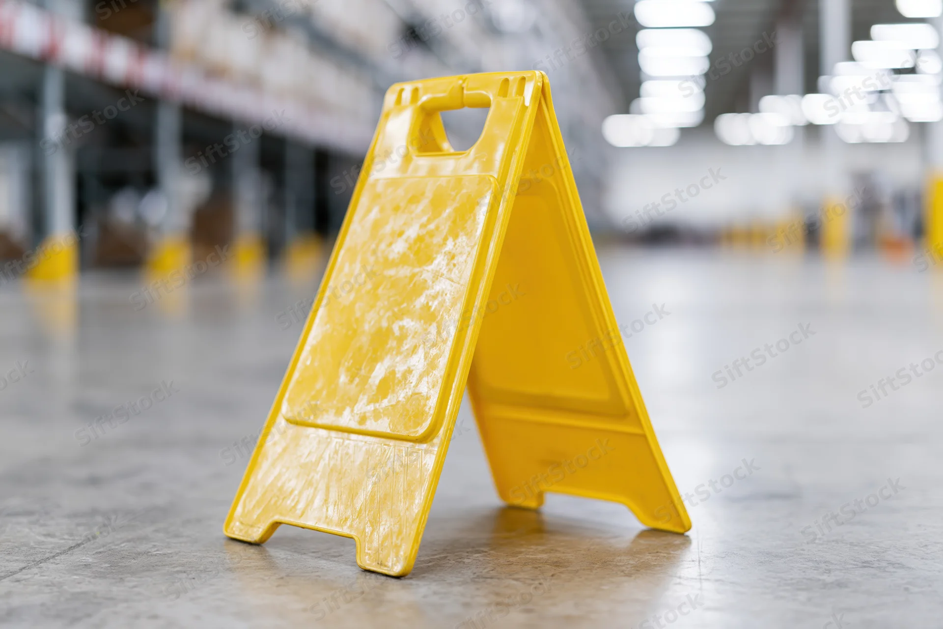 Yellow plastic a-frame caution sign standing on concrete floor in warehouse aisle