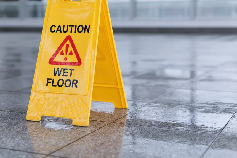 Yellow plastic a-frame caution wet floor sign standing upright on wet tiled floor indoors