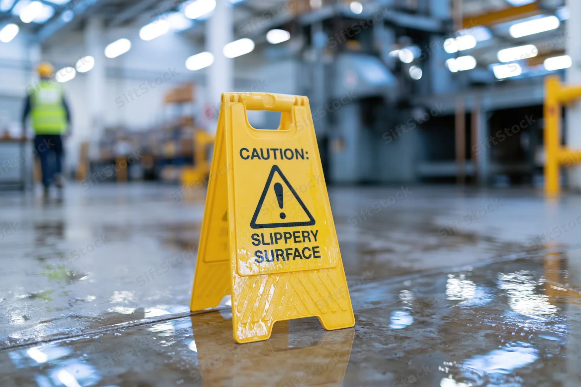 Yellow caution slippery surface sign on wet floor in industrial warehouse with worker in background