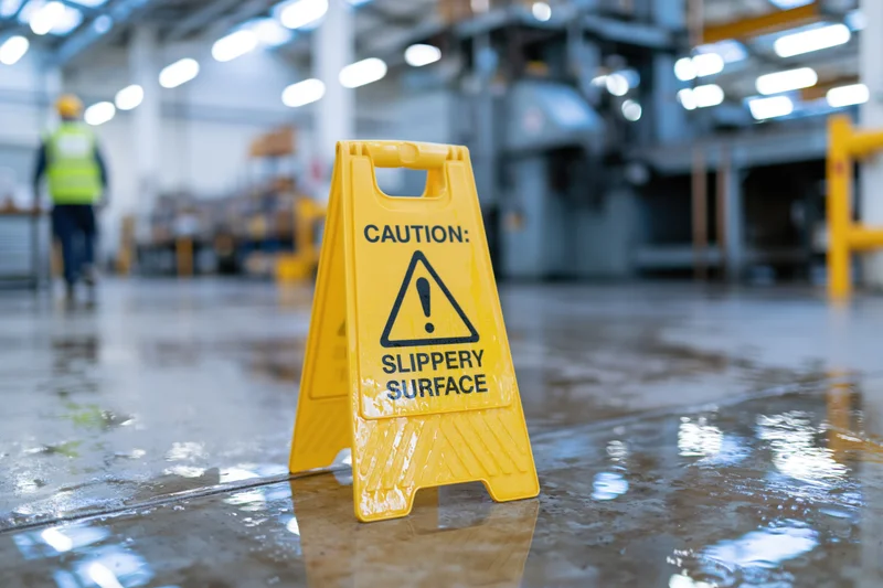 Yellow caution slippery surface sign on wet floor in industrial warehouse with worker in background