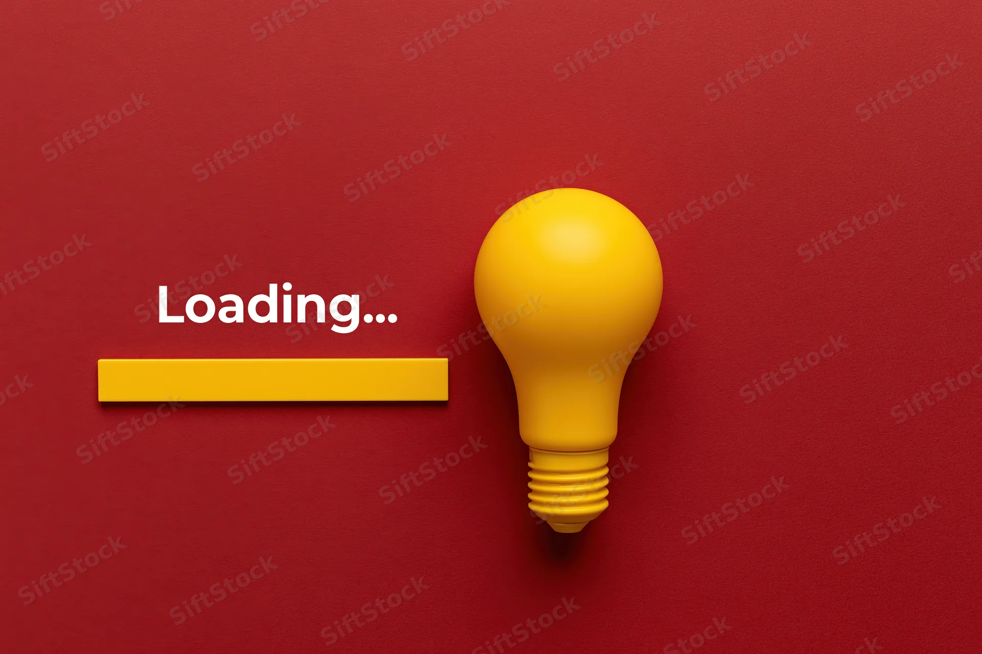 Yellow plastic light bulb beside loading progress bar on red background